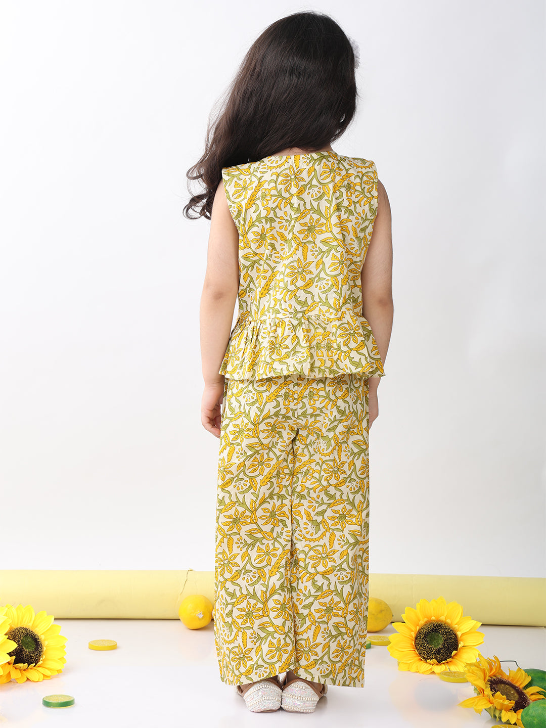 Yellow sleeveless floral printed top and pant