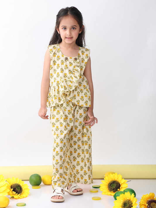 Yellow sleeveless butti printed top and pant