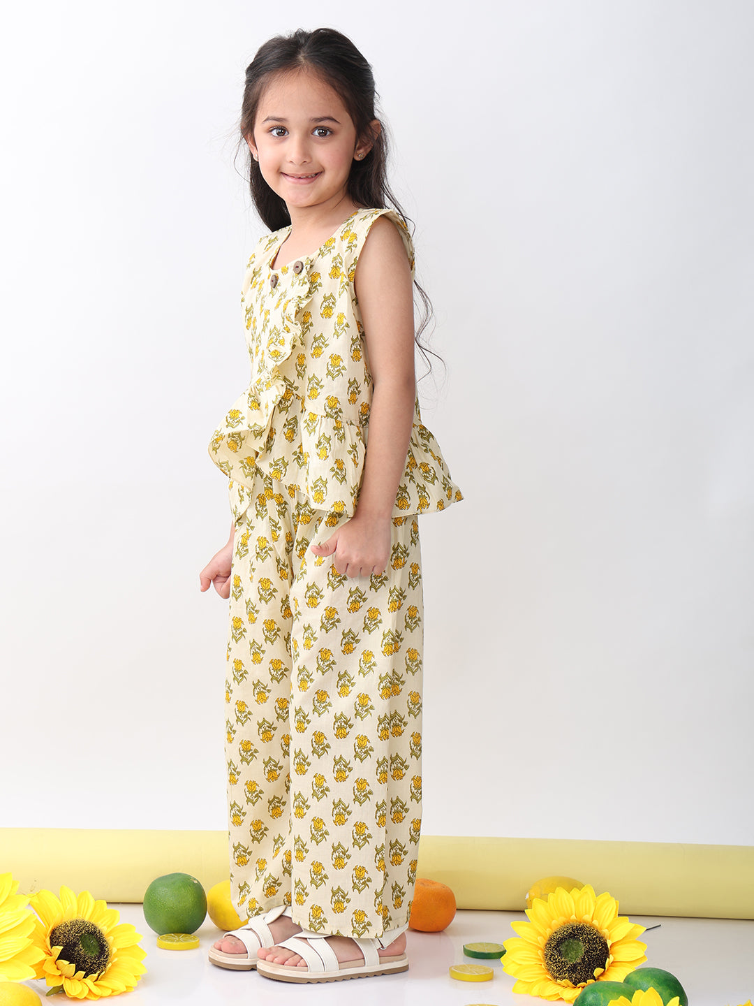 Yellow sleeveless butti printed top and pant