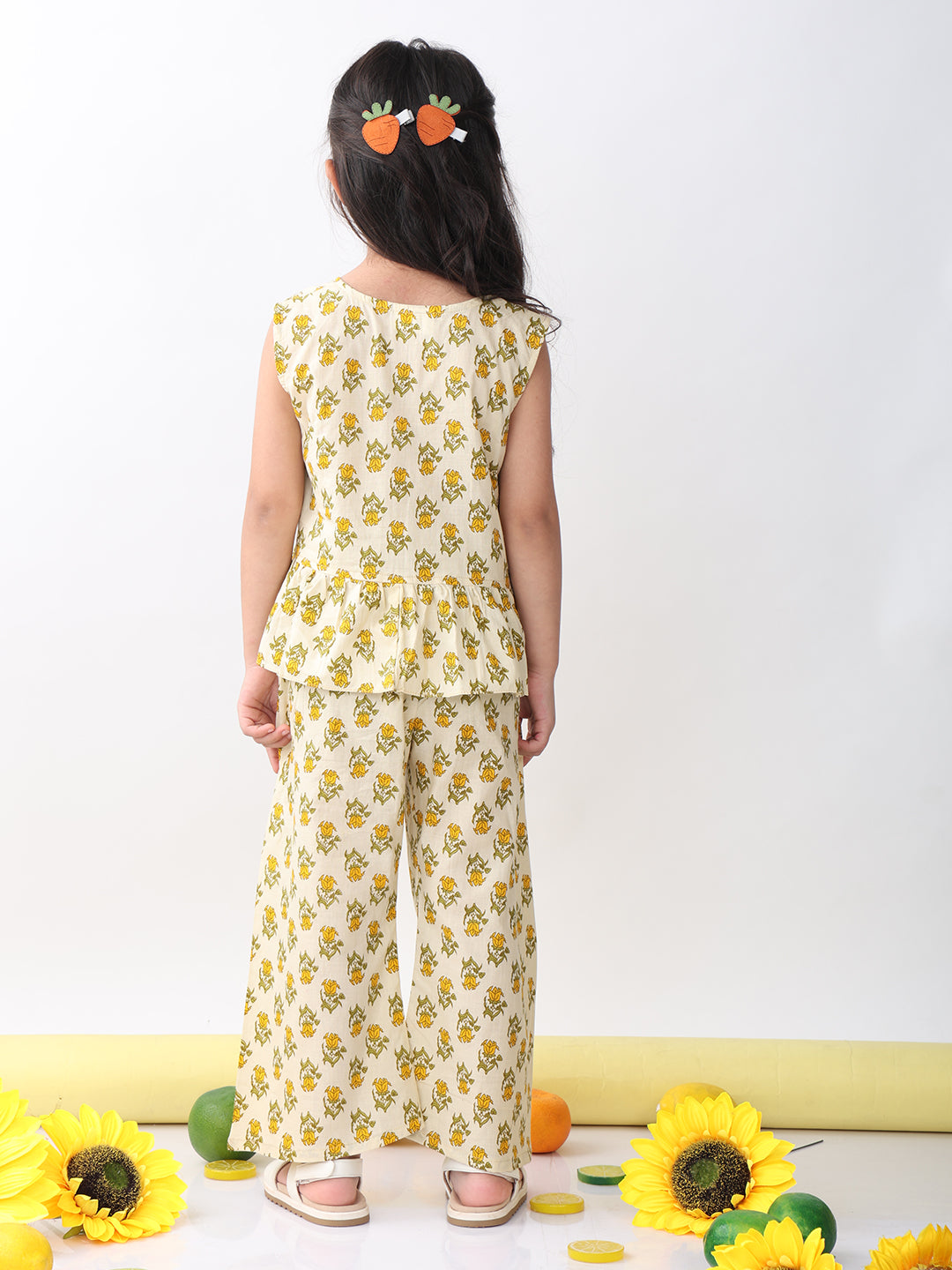 Yellow sleeveless butti printed top and pant