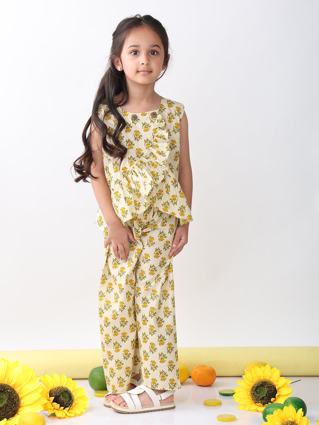 Yellow sleeveless butti printed top and pant