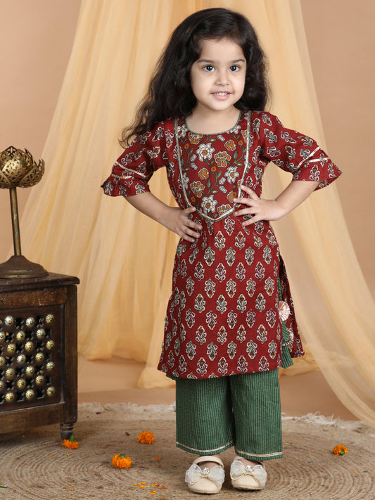 Red & Green Floral Cotton Kurti Set