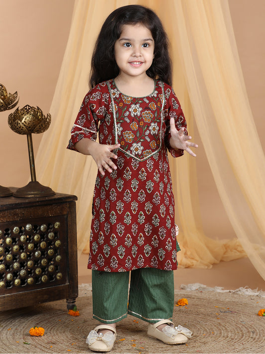 Red & Green Floral Cotton Kurti Set