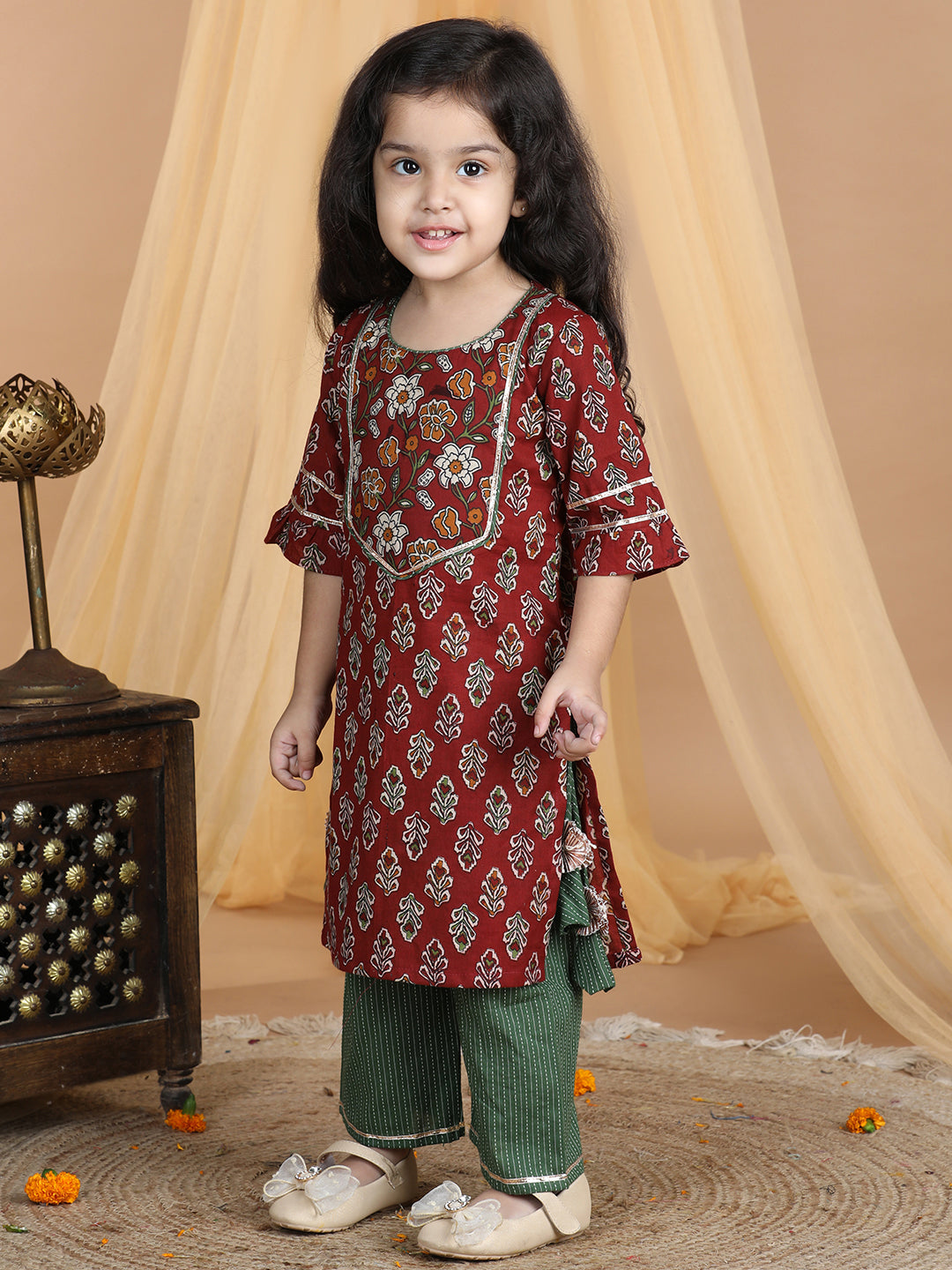 Red & Green Floral Cotton Kurti Set