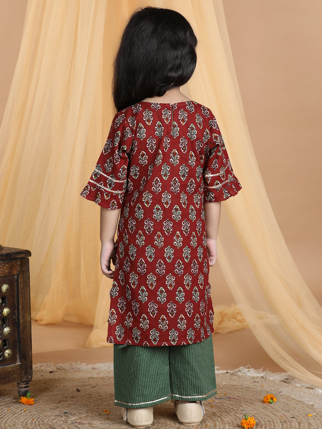 Red & Green Floral Cotton Kurti Set