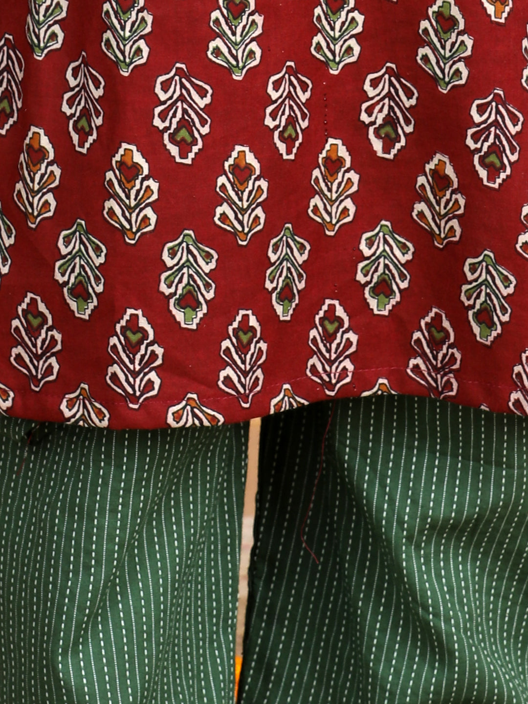 Red & Green Floral Cotton Kurti Set