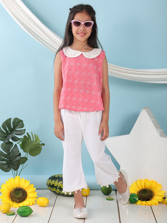 Peach sleeveless katha Top with white pant