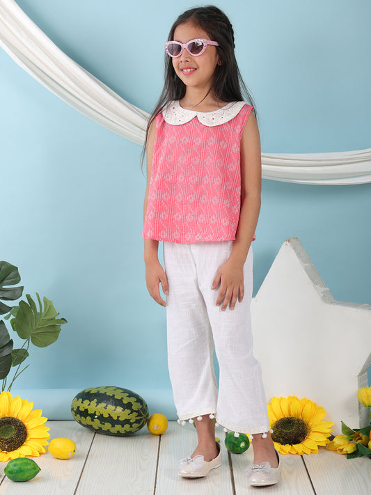 Peach sleeveless katha Top with white pant