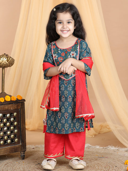 Blue Cotton Floral Printed Kurti set