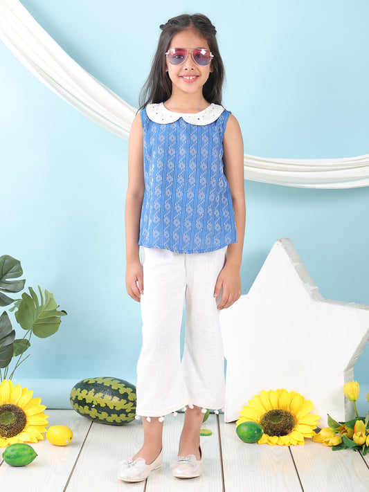 Blue sleeveless katha Top with white pant