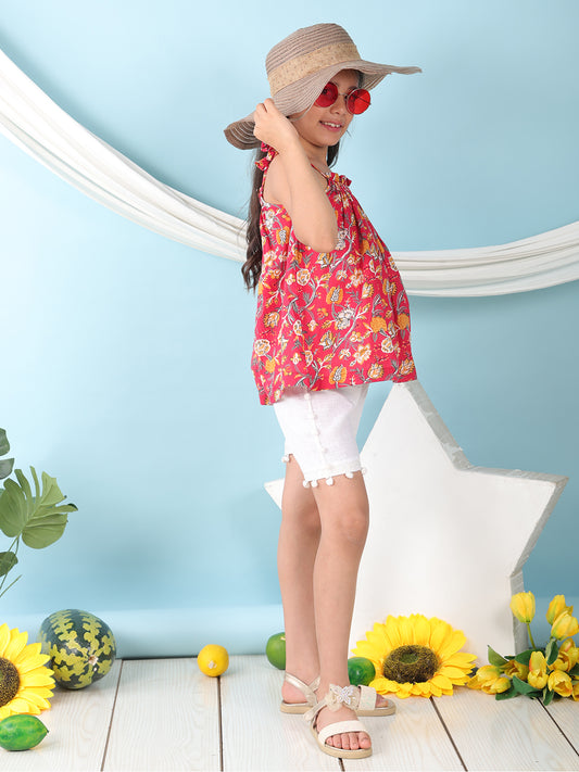 Red sleeveless Top with white short pant