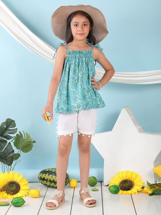 Blue sleeveless Top with white short pant