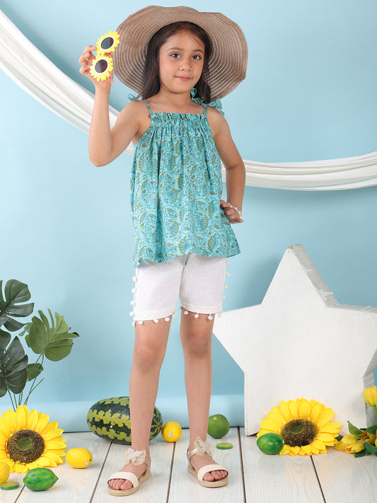 Blue sleeveless Top with white short pant