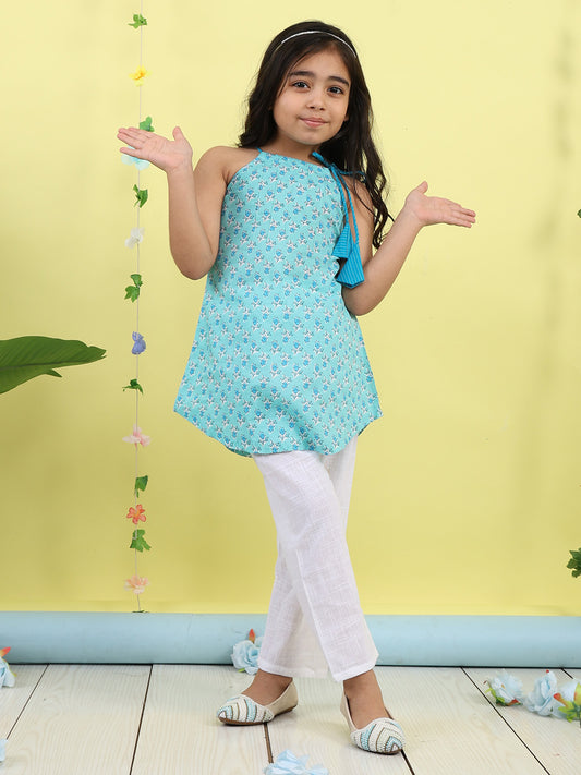 Blue Floral sleeveless kurti with white pant