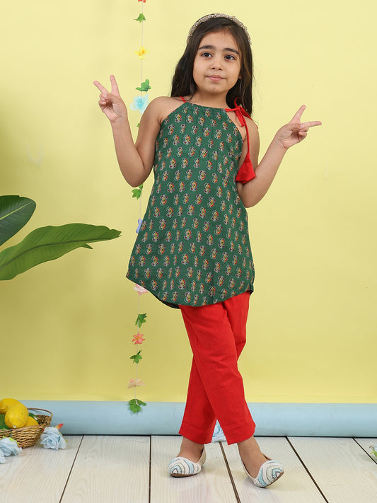 Green Floral sleeveless kurti with red pant