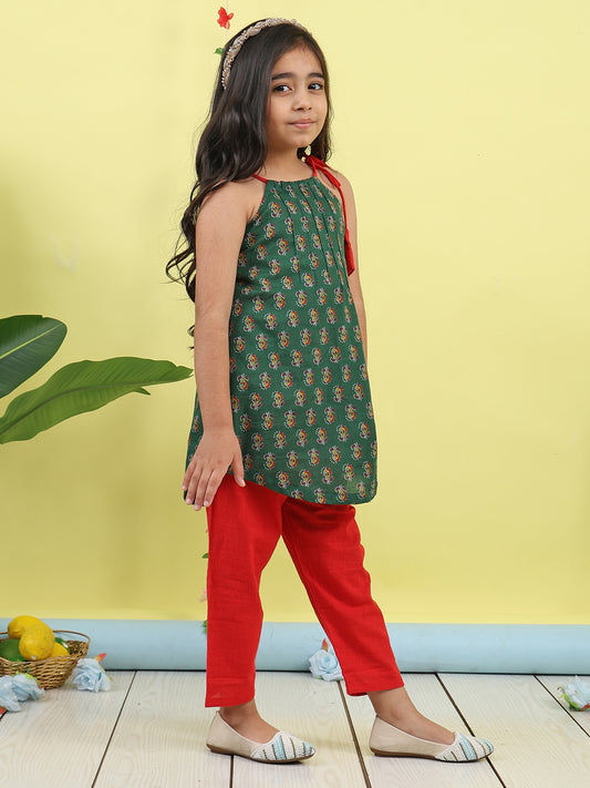 Green Floral sleeveless kurti with red pant