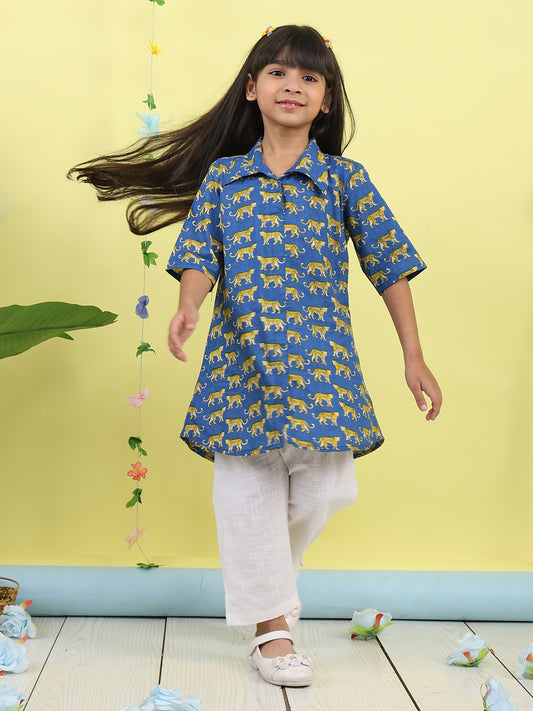 Blue cotton tiger printed 3/4 sleeves shirt paired with white pant