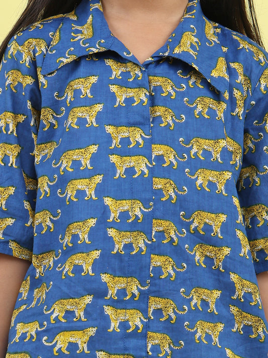 Blue cotton tiger printed 3/4 sleeves shirt paired with white pant