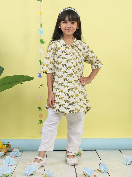White cotton tiger printed 3/4 sleeves shirt paired with white pant