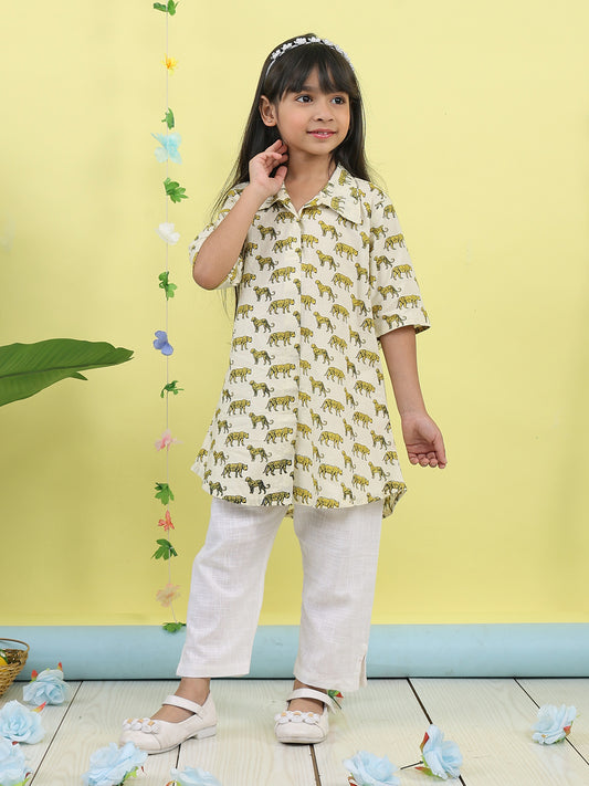 White cotton tiger printed 3/4 sleeves shirt paired with white pant