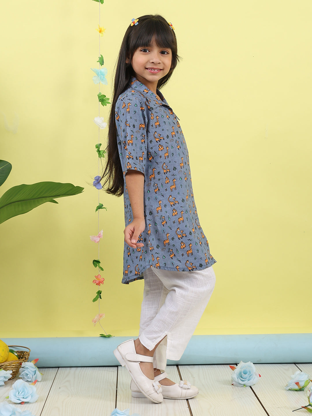 Grey cotton animal printed 3/4 sleeves shirt paired with white pant