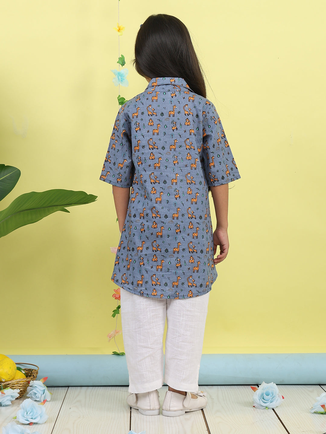 Grey cotton animal printed 3/4 sleeves shirt paired with white pant