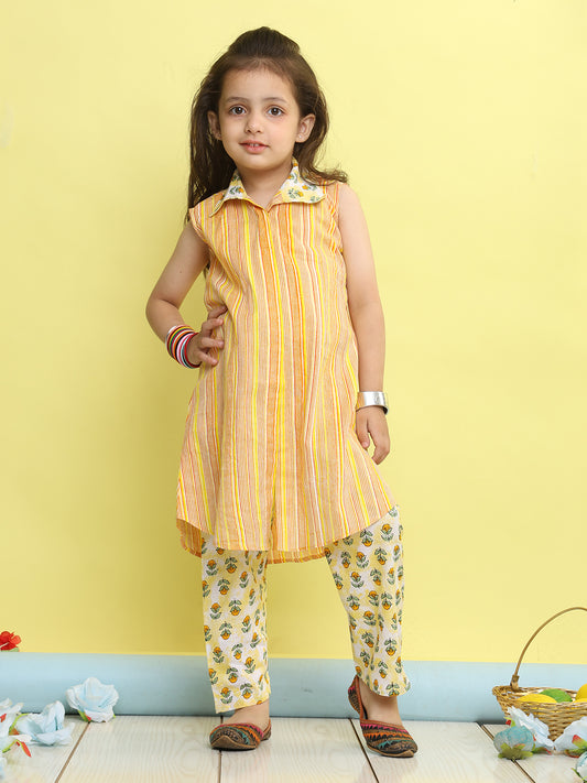 Yellow stripped sleeveless kurti with Floral pant