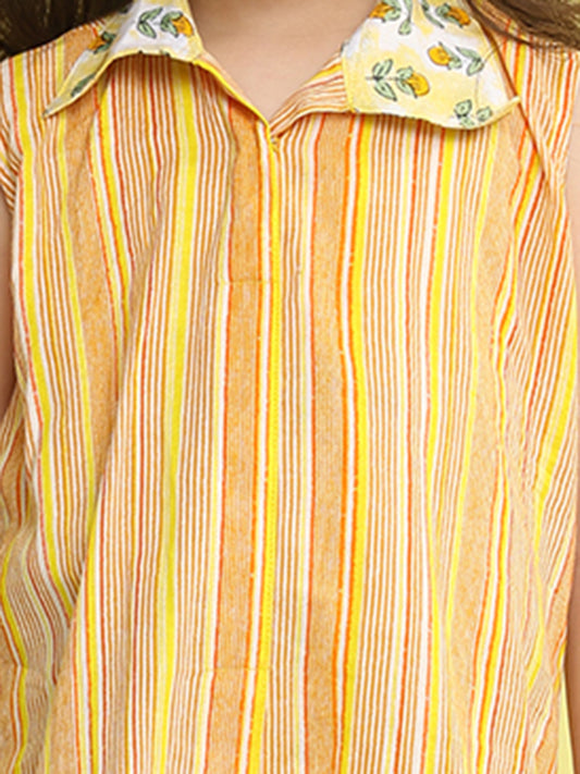 Yellow stripped sleeveless kurti with Floral pant