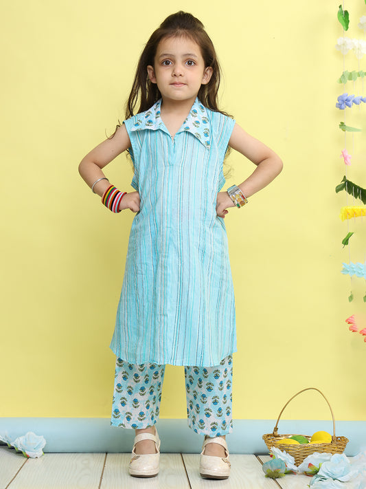 Blue stripped sleeveless kurti with Floral pant