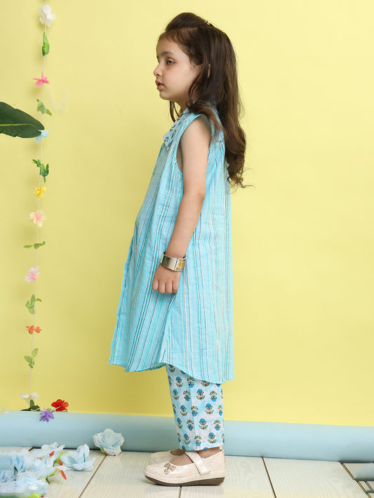 Blue stripped sleeveless kurti with Floral pant