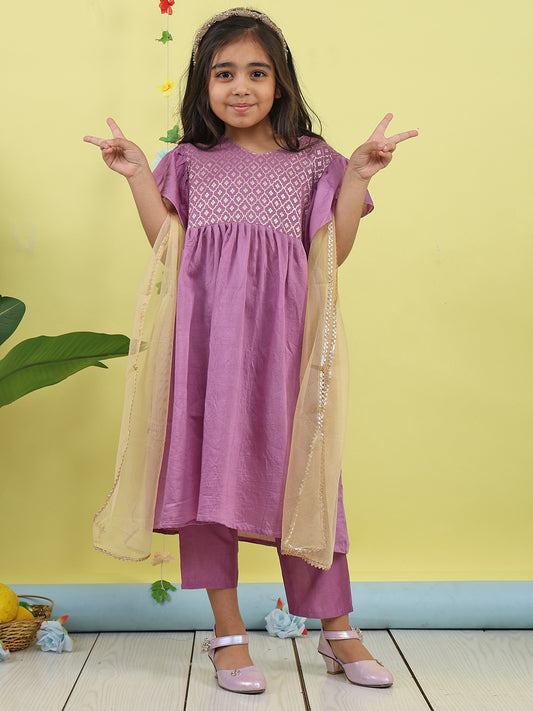 Purple Jaquard Cap Sleeves kurti with purple pant and dupatta