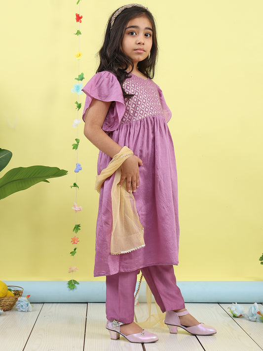 Purple Jaquard Cap Sleeves kurti with purple pant and dupatta