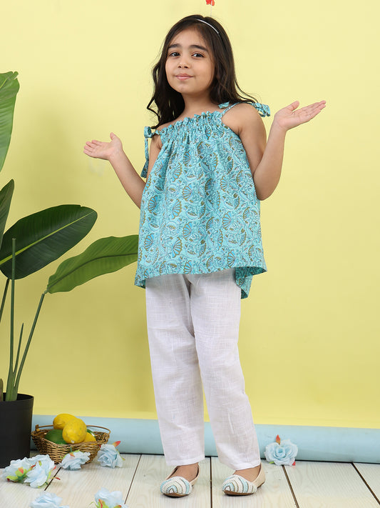 Blue sleeveless Top with white pant