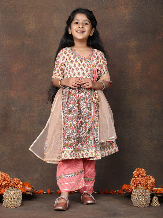 Peach 3/4 sleeves printed cotton Angrakha Kurti paired with Peach Plazo pant and dupatta