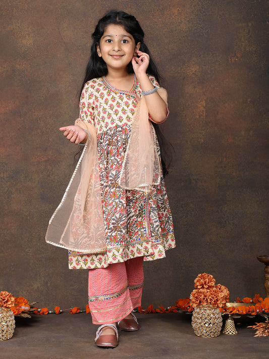 Peach 3/4 sleeves printed cotton Angrakha Kurti paired with Peach Plazo pant and dupatta