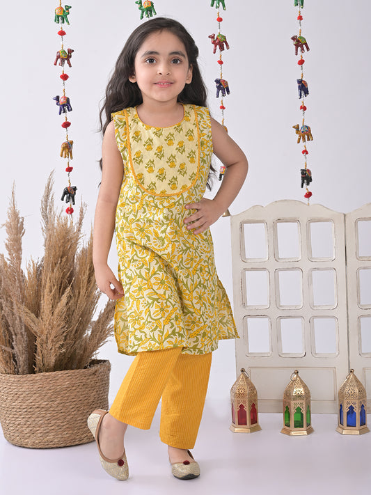 Yellow & Green Floral Kurti Set