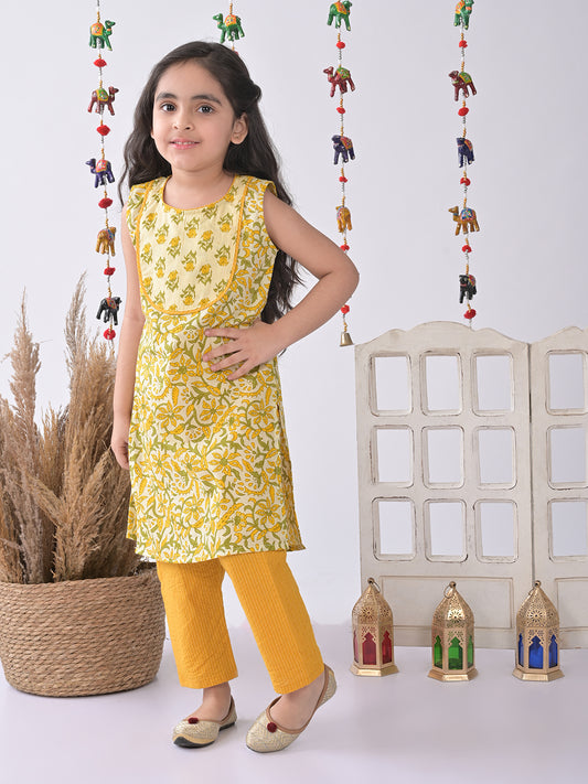 Yellow & Green Floral Kurti Set