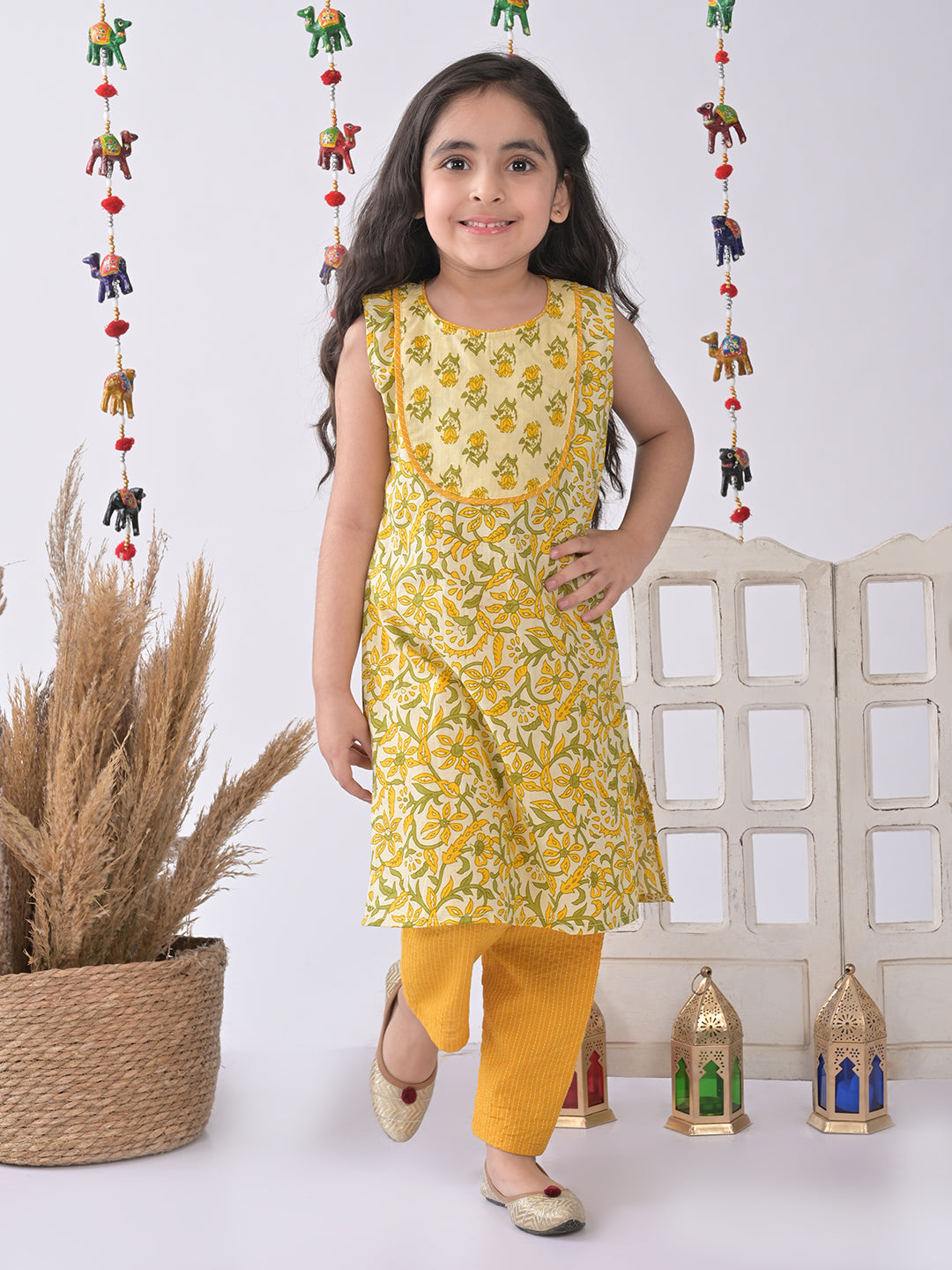 Yellow & Green Floral Kurti Set