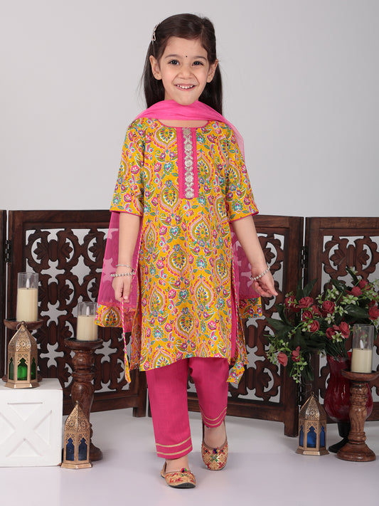 Yellow & Pink Floral Kurti set