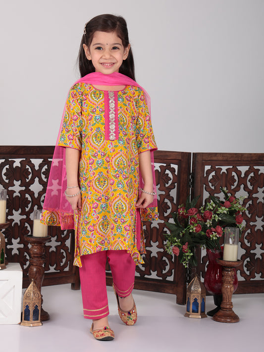 Yellow & Pink Floral Kurti set