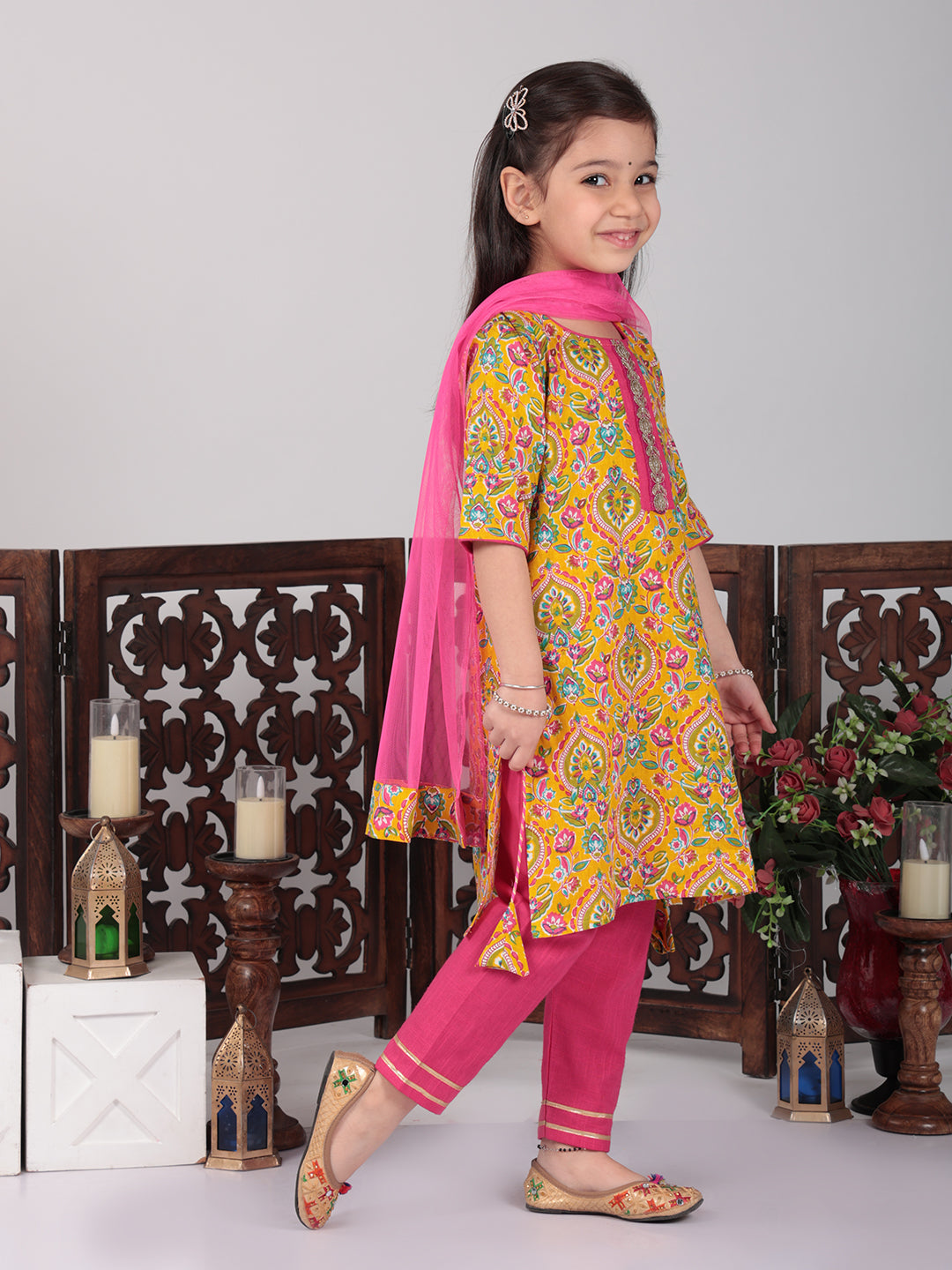 Yellow & Pink Floral Kurti set