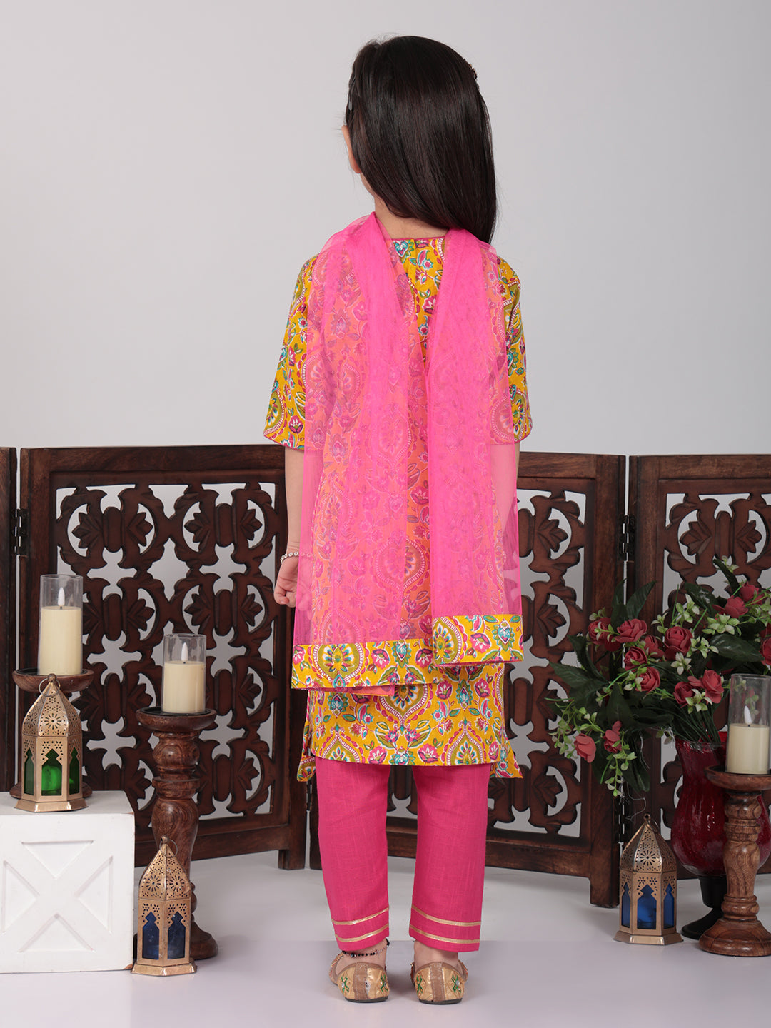 Yellow & Pink Floral Kurti set