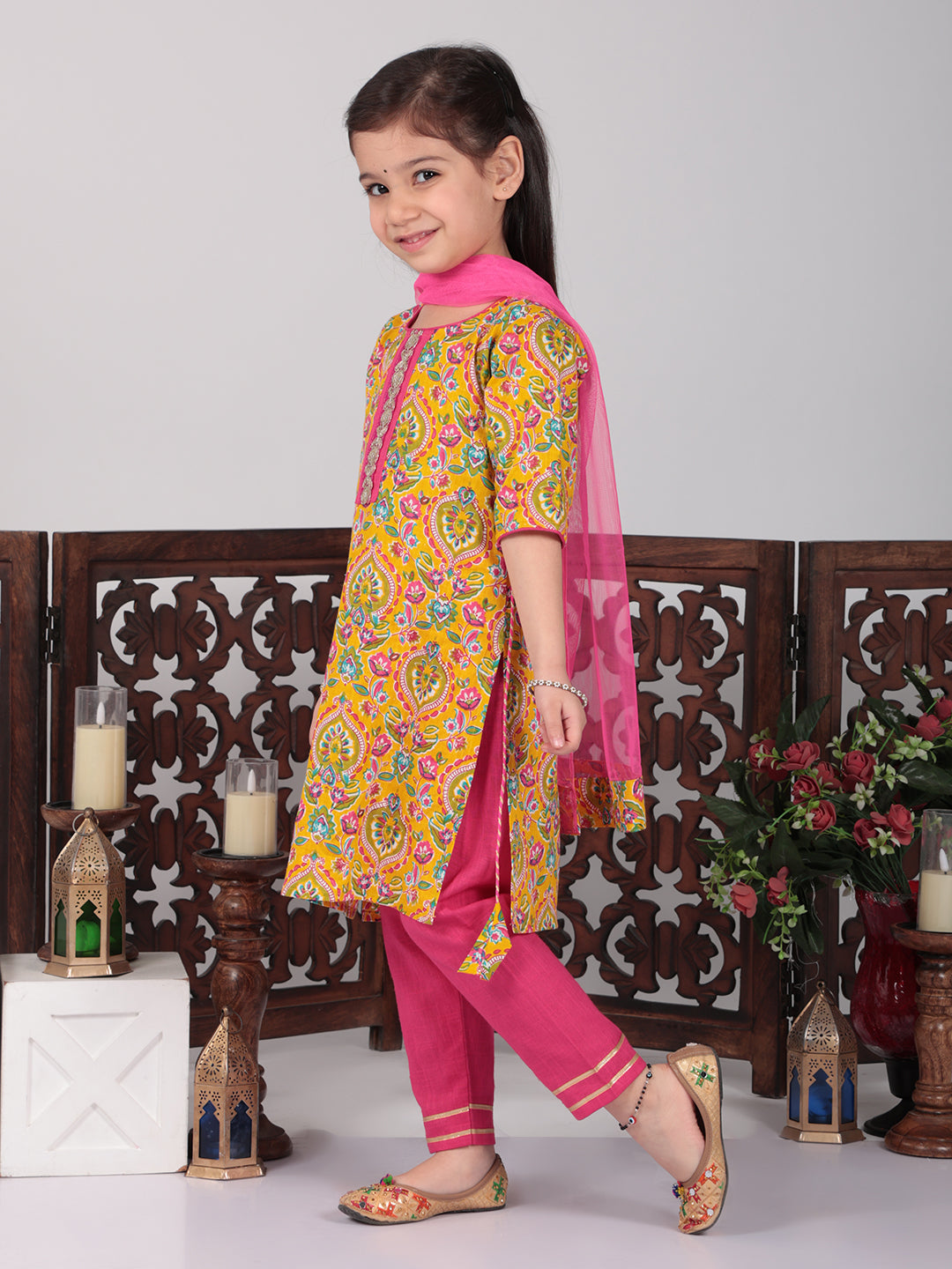 Yellow & Pink Floral Kurti set
