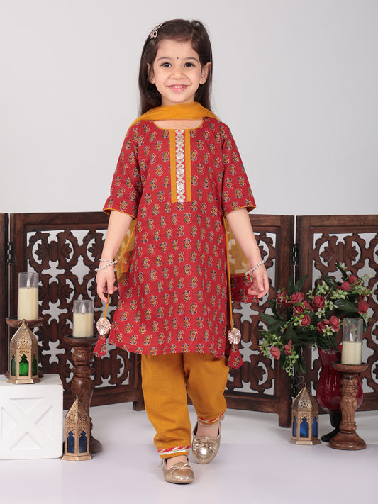 Red Cotton Floral Kurti set