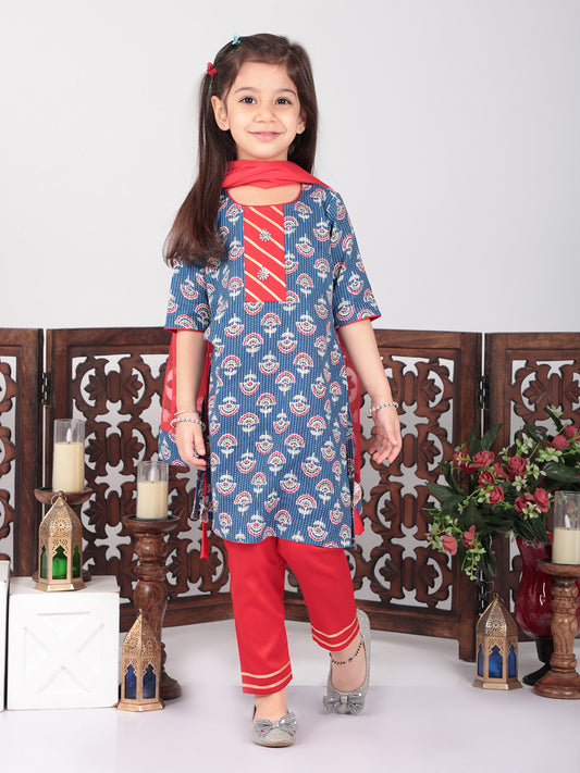 Blue Cotton Floral Kurti set