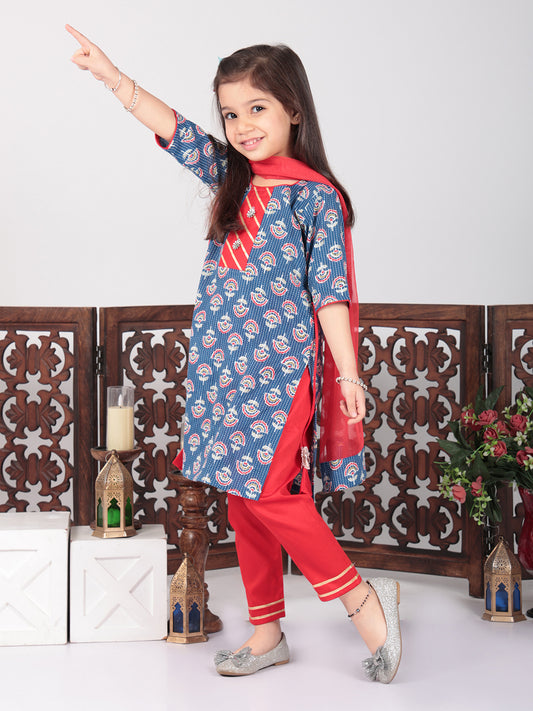 Blue Cotton Floral Kurti set