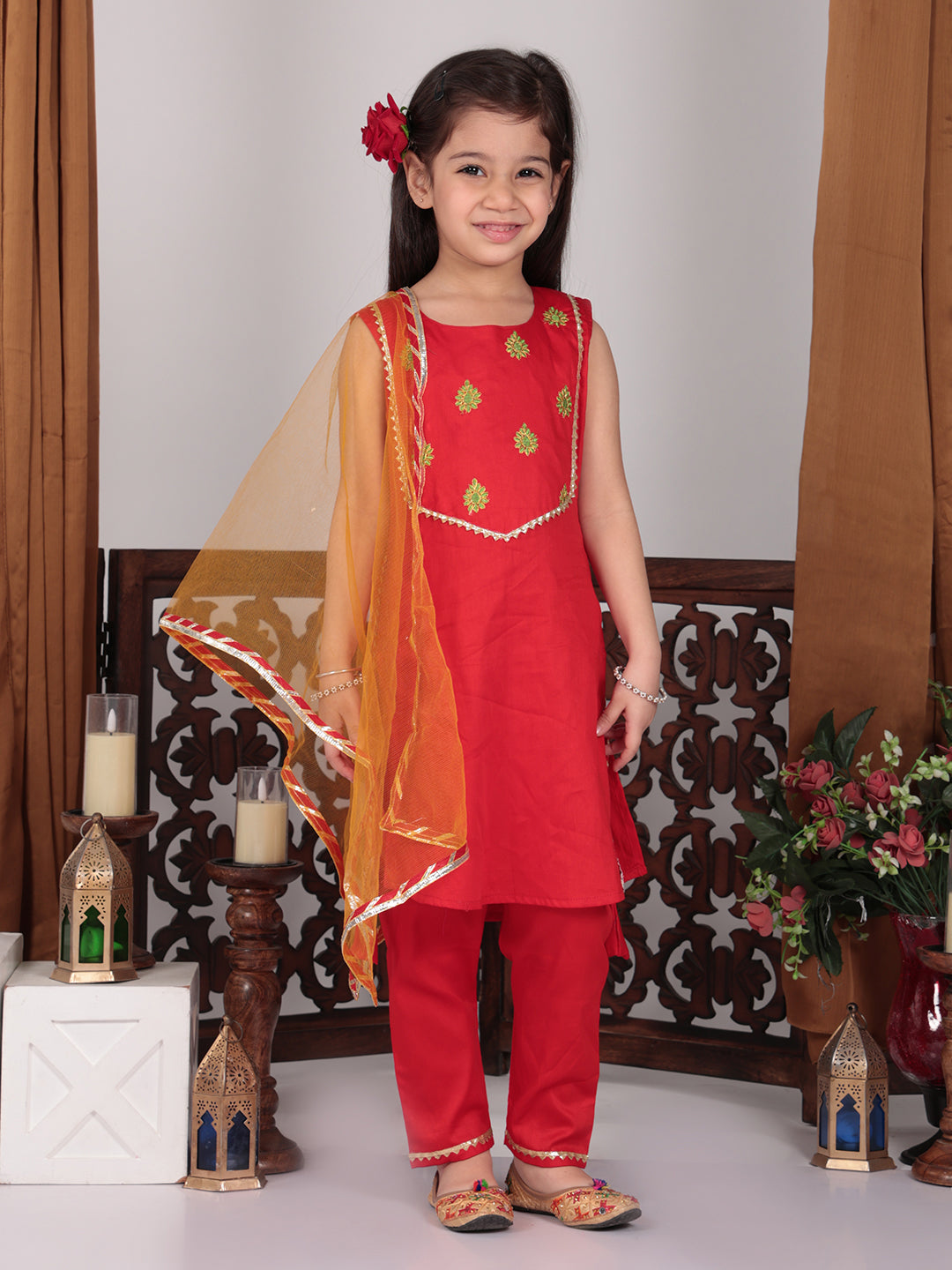 Red embroidered Kurti Set