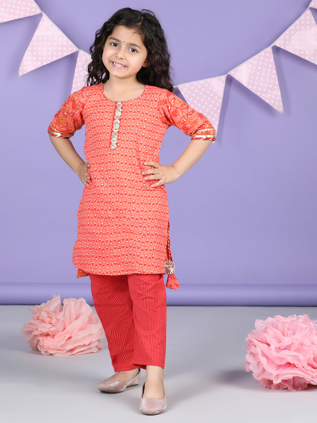 Peach & Red Cotton katha printed Kurti set
