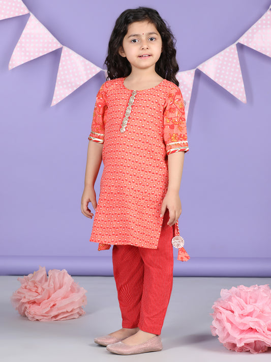Peach & Red Cotton katha printed Kurti set