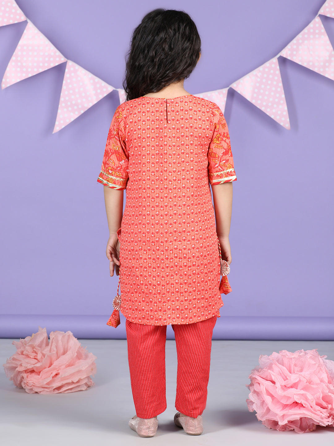 Peach & Red Cotton katha printed Kurti set